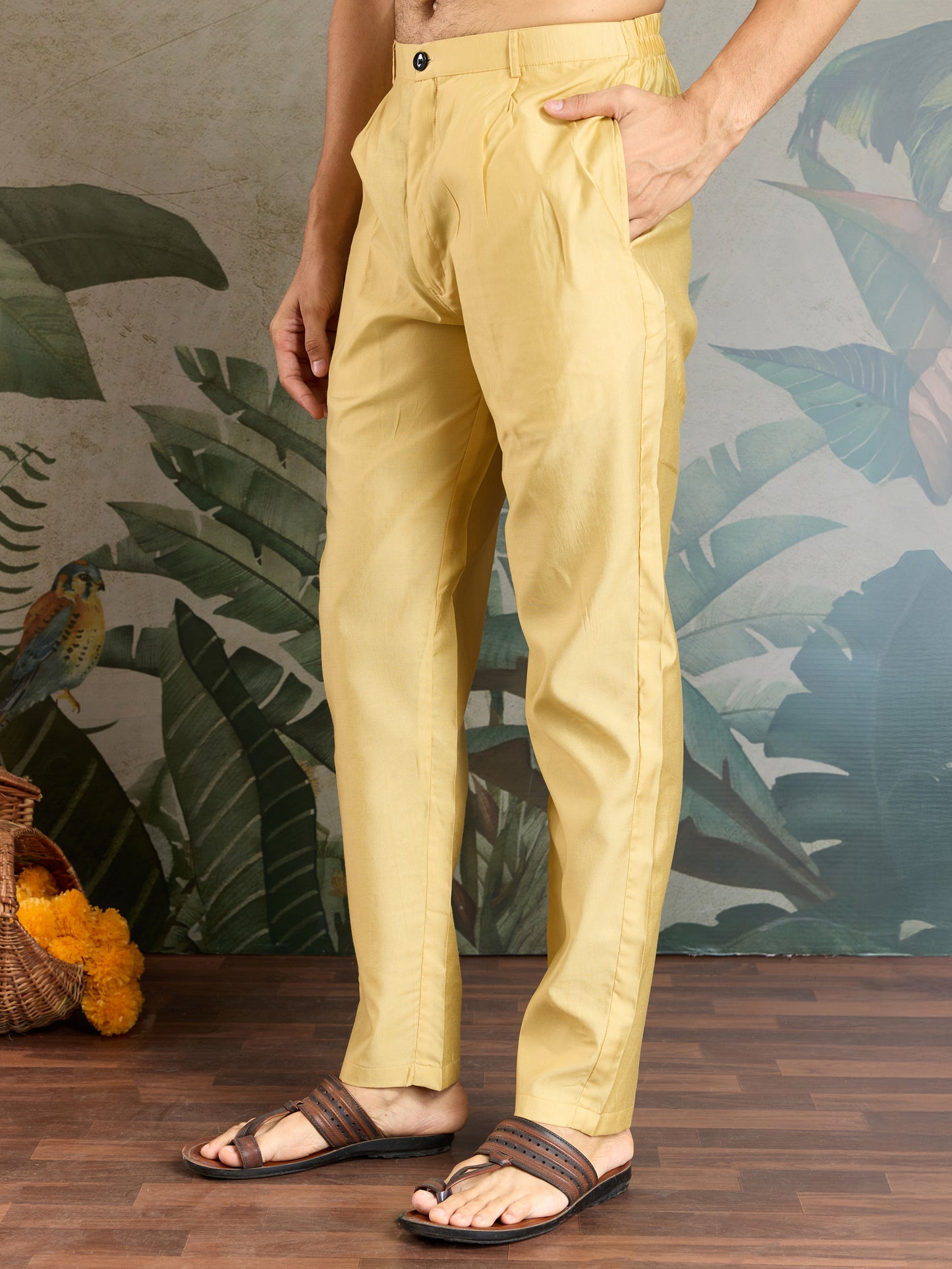 Mustard Yellow Embroidered Kurta Set with Printed Nehru Jacket