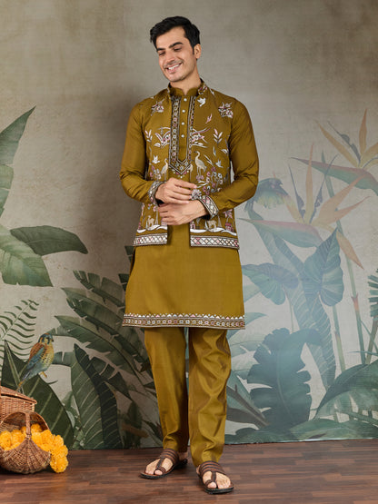 Mustard Embroidered Kurta Pajama Set – Festive & Wedding Wear