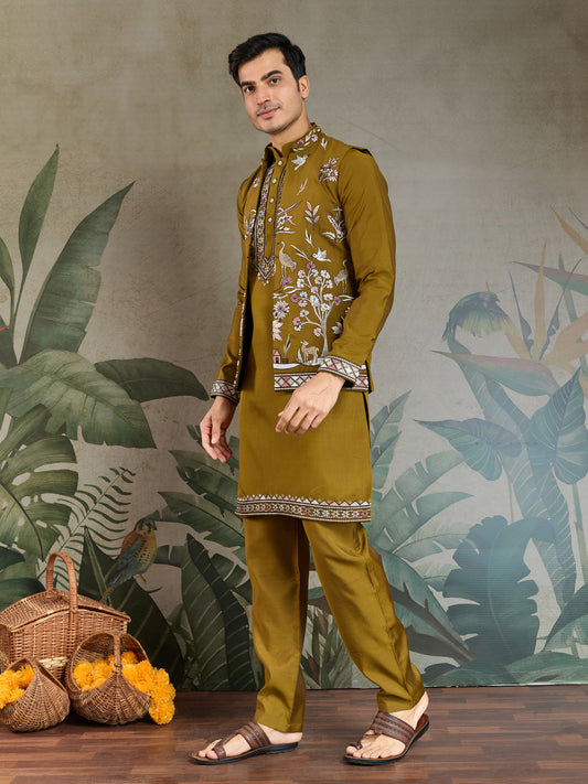 Mustard Embroidered Kurta Pajama Set – Festive & Wedding Wear