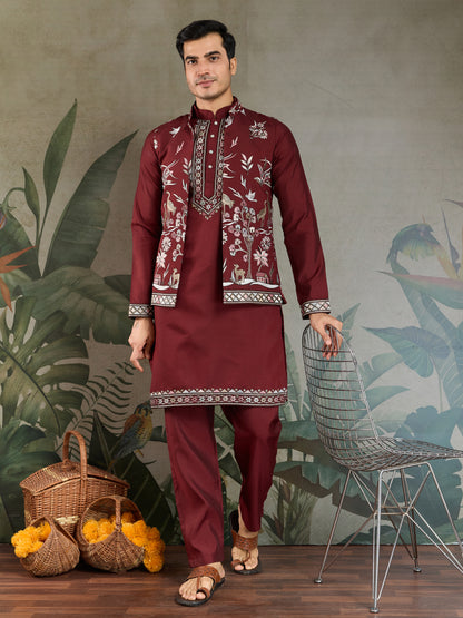 Maroon Embroidered Kurta Pajama Set – Premium Ethnic Wear for Men