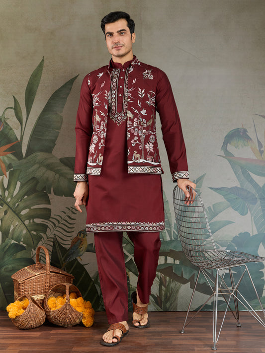 Maroon Embroidered Kurta Pajama Set – Premium Ethnic Wear for Men