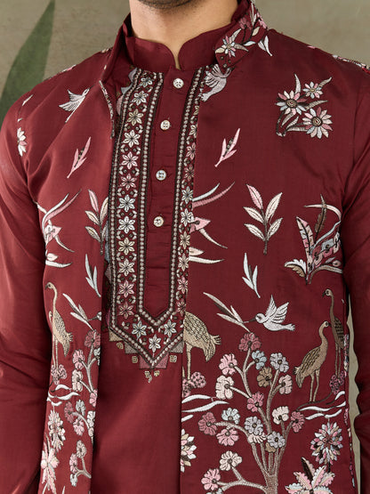 Maroon Embroidered Kurta Pajama Set – Premium Ethnic Wear for Men