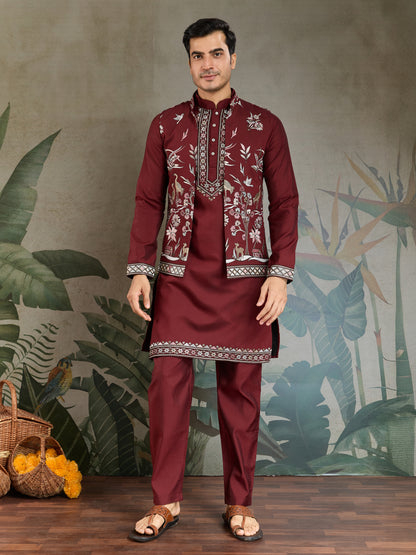 Maroon Embroidered Kurta Pajama Set – Premium Ethnic Wear for Men