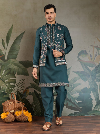Teal Green Embroidered Kurta Set with Ethnic Jacket – Festive & Wedding Wear