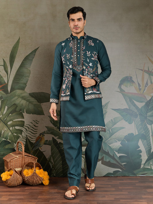 Teal Green Embroidered Kurta Set with Ethnic Jacket – Festive & Wedding Wear