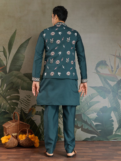 Teal Green Embroidered Kurta Set with Ethnic Jacket – Festive & Wedding Wear