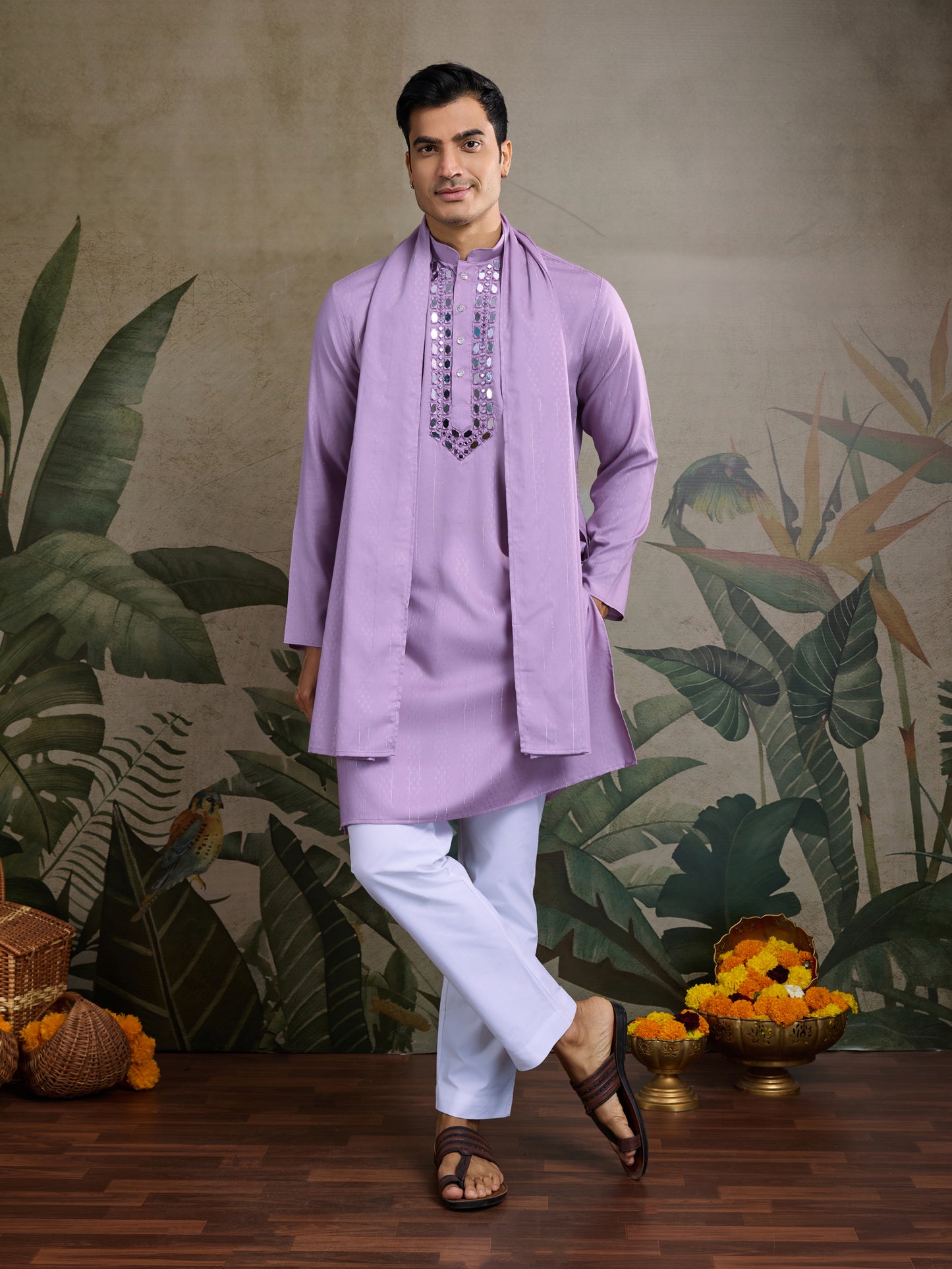 Lavender Mirror Work Kurta Set with White Pajama