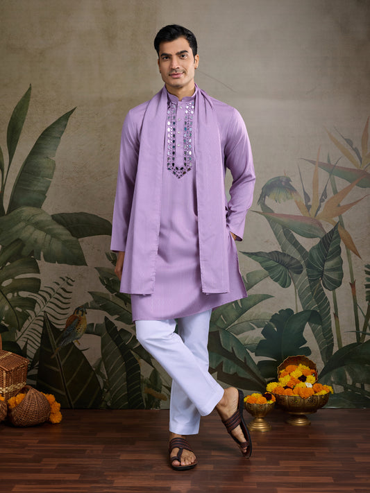 Lavender Mirror Work Kurta Set with White Pajama
