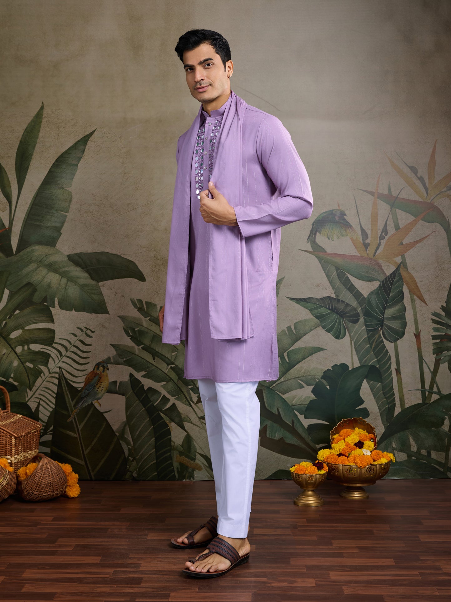 Lavender Mirror Work Kurta Set with White Pajama