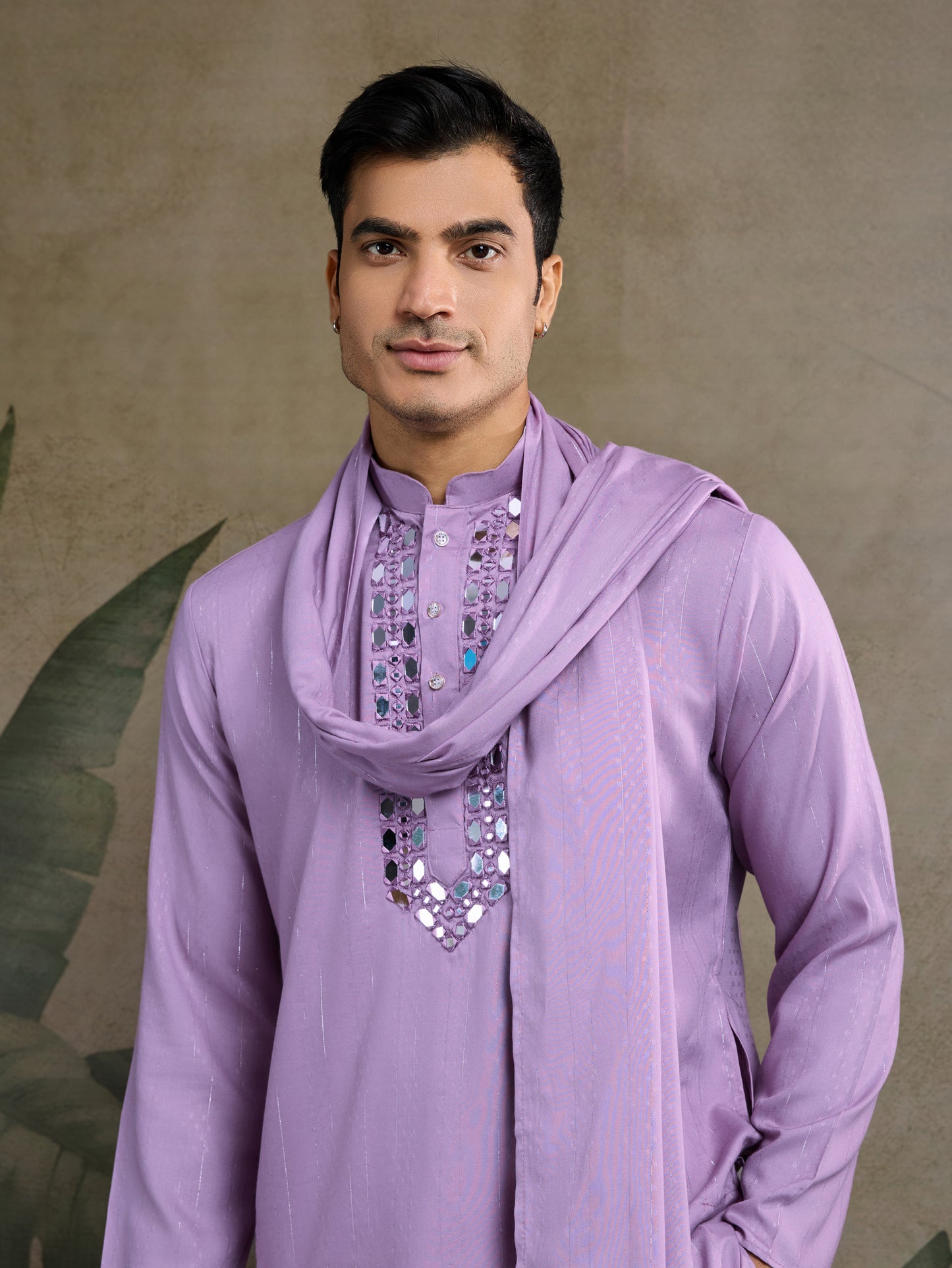 Lavender Mirror Work Kurta Set with White Pajama