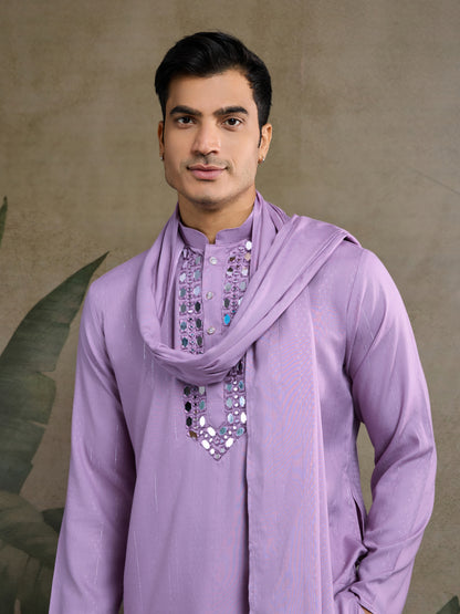 Lavender Mirror Work Kurta Set with White Pajama