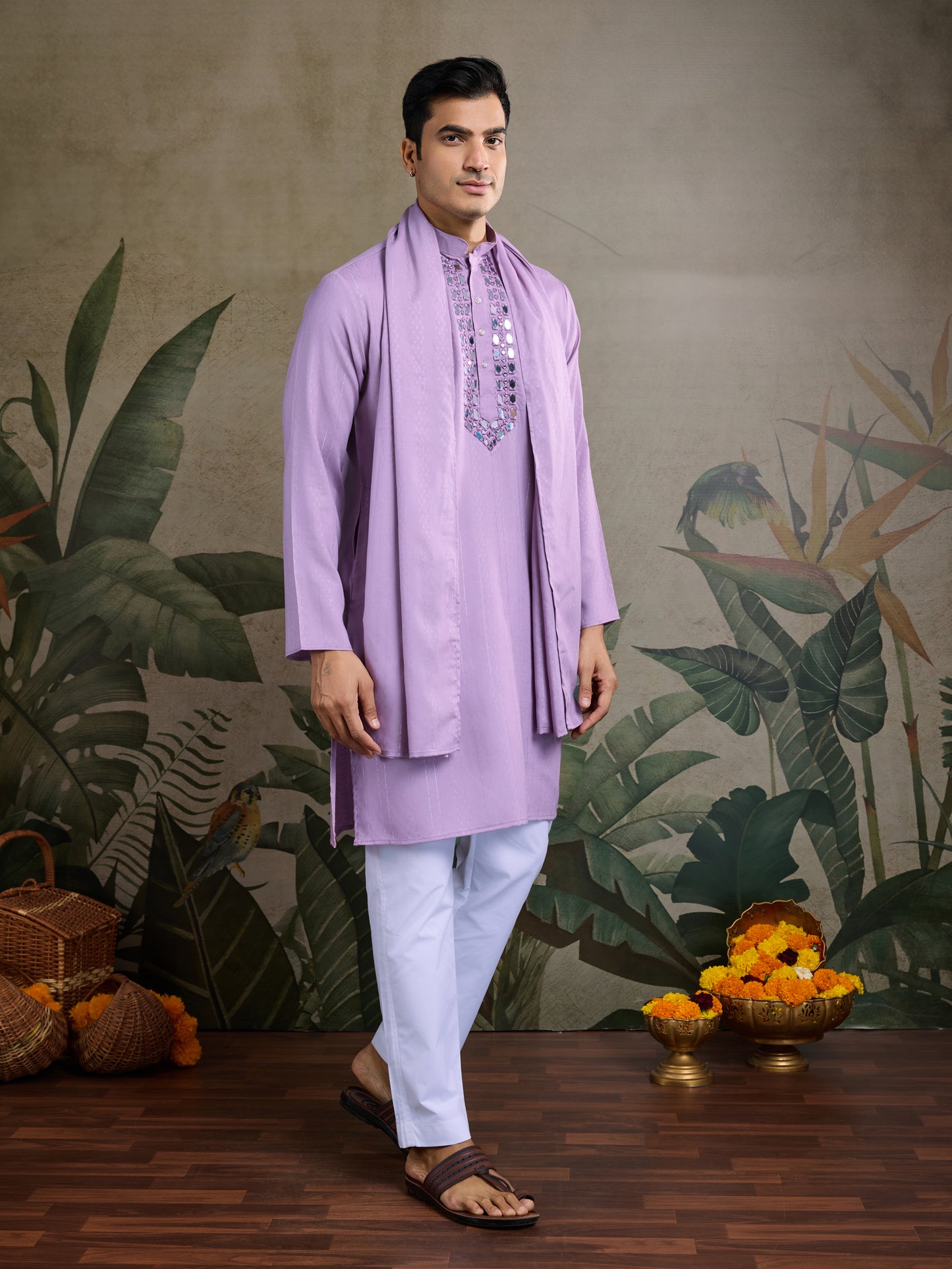 Lavender Mirror Work Kurta Set with White Pajama