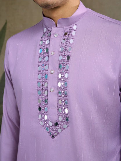 Lavender Mirror Work Kurta Set with White Pajama