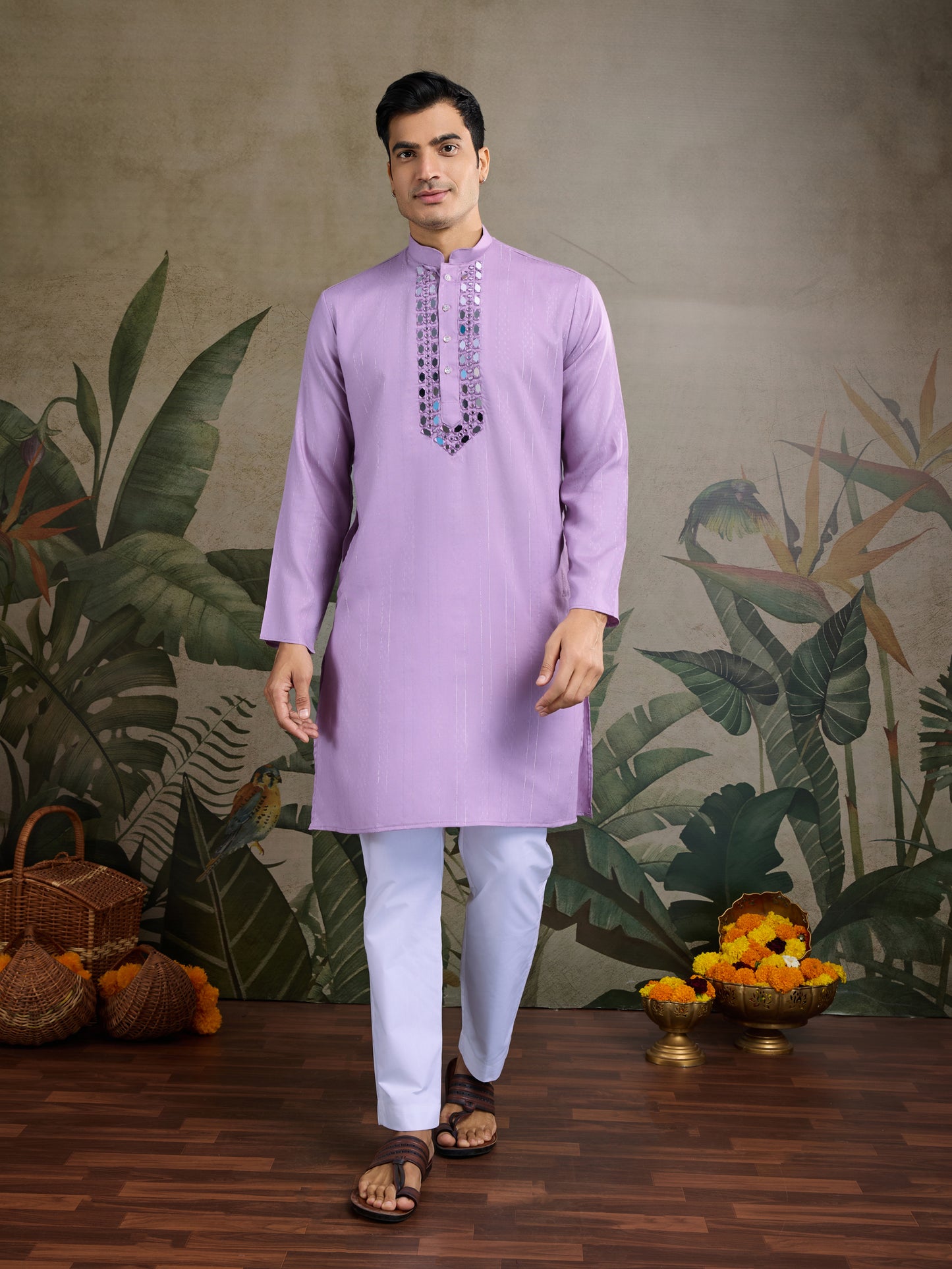 Lavender Mirror Work Kurta Set with White Pajama