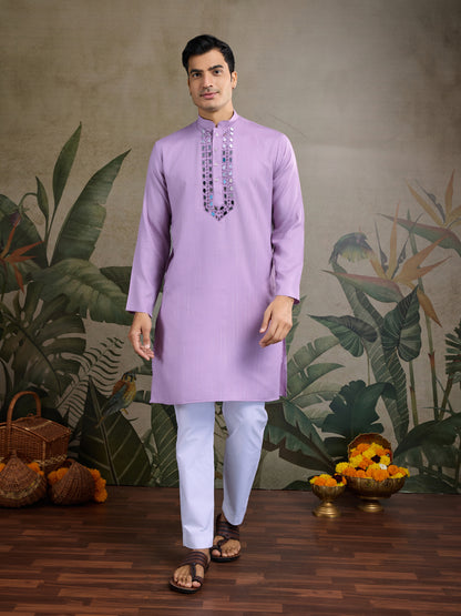 Lavender Mirror Work Kurta Set with White Pajama