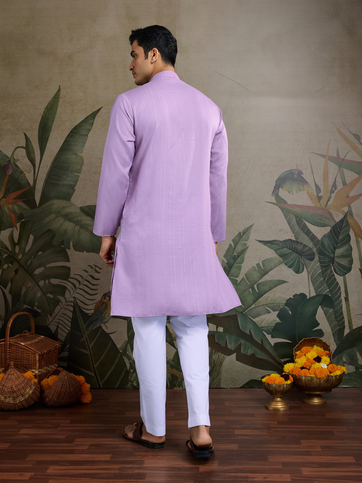 Lavender Mirror Work Kurta Set with White Pajama
