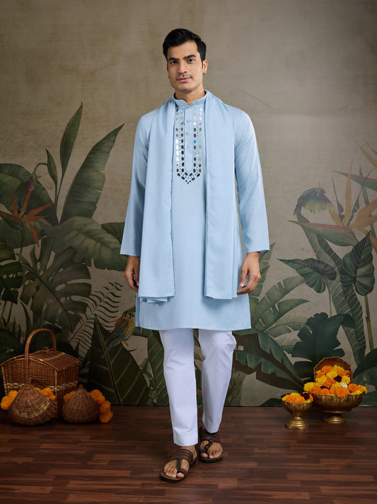 Light Blue Mirror Work Kurta for Men