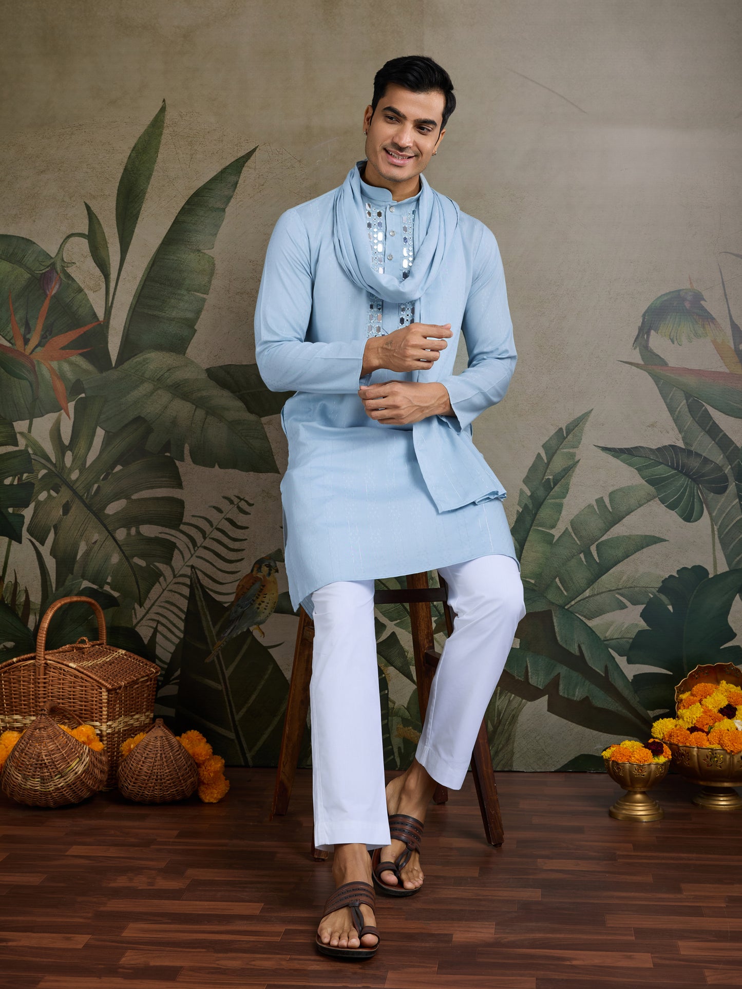 Light Blue Mirror Work Kurta for Men