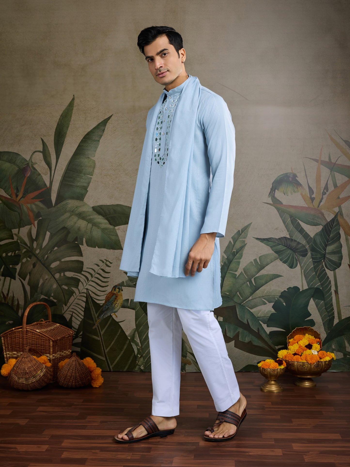 Light Blue Mirror Work Kurta for Men