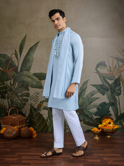 Light Blue Mirror Work Kurta for Men