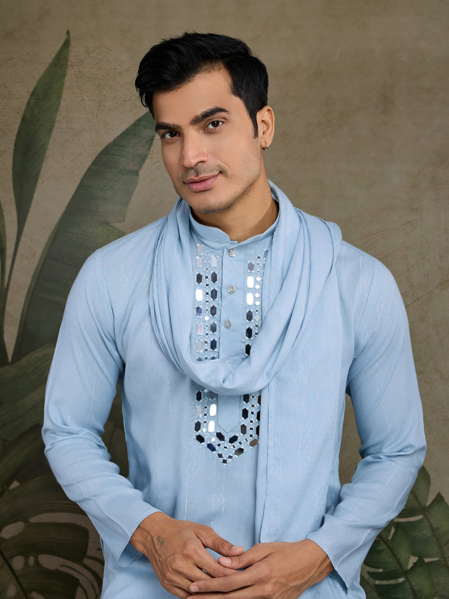 Light Blue Mirror Work Kurta for Men