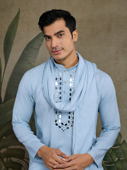 Light Blue Mirror Work Kurta for Men