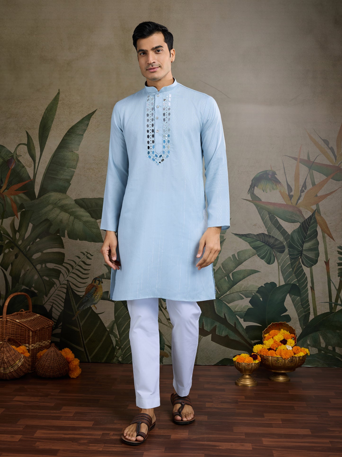 Light Blue Mirror Work Kurta for Men