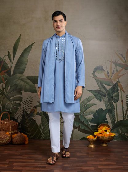 Light Blue Mirror Work Kurta Set for Men