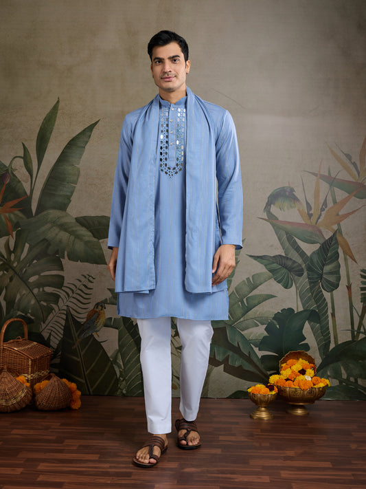 Light Blue Mirror Work Kurta Set for Men
