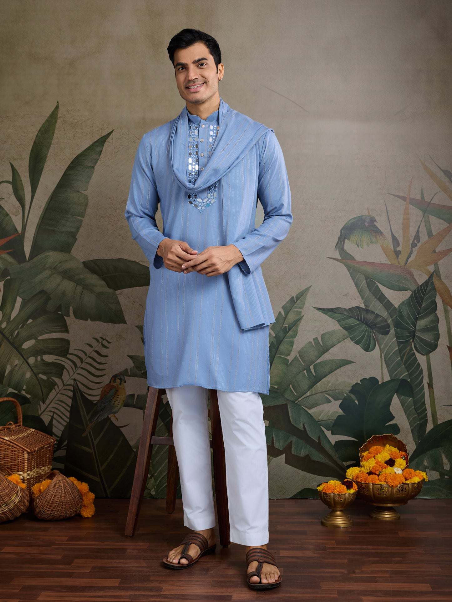 Light Blue Mirror Work Kurta Set for Men