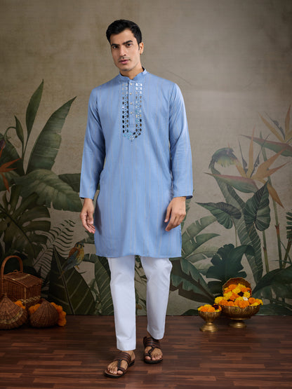 Light Blue Mirror Work Kurta Set for Men