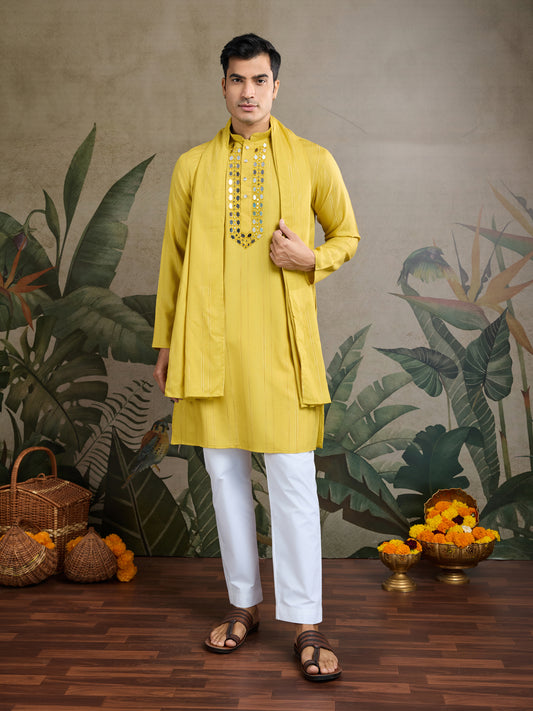 Men’s Yellow Mirror Work Kurta with Dupatta