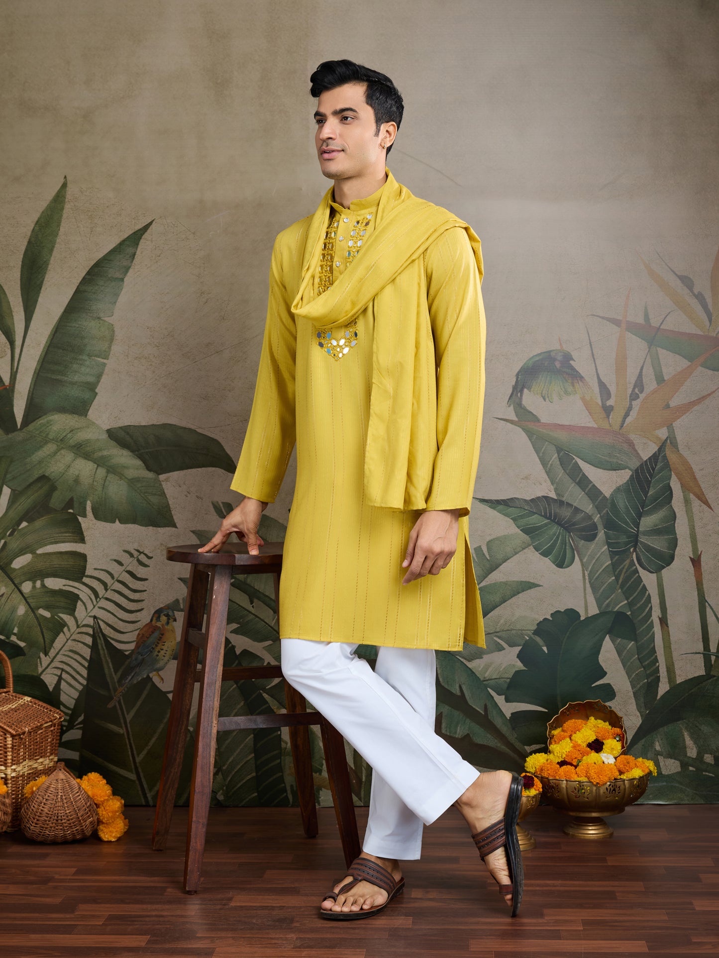 Men’s Yellow Mirror Work Kurta with Dupatta