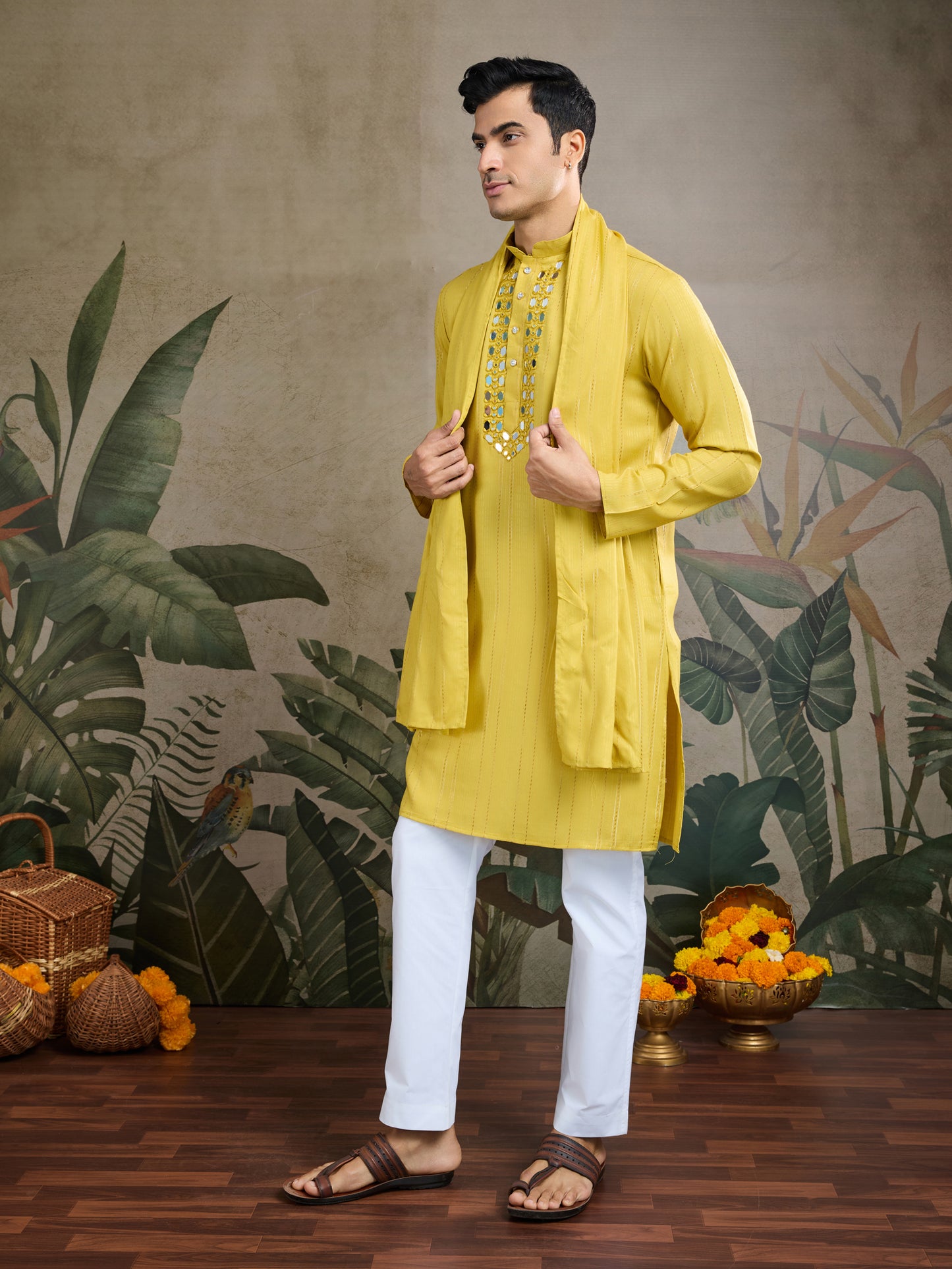 Men’s Yellow Mirror Work Kurta with Dupatta