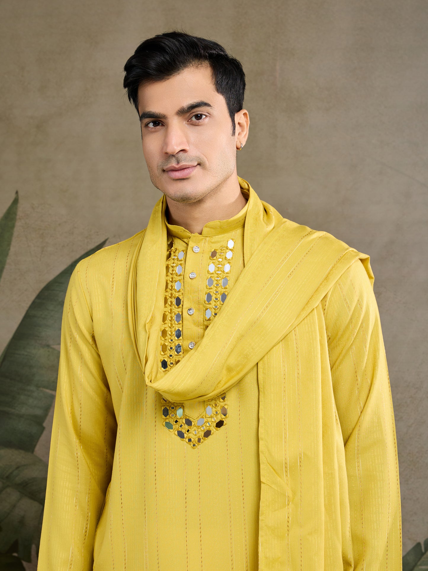 Men’s Yellow Mirror Work Kurta with Dupatta