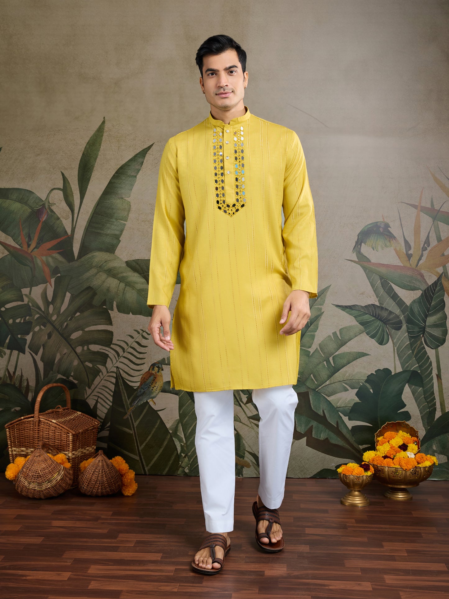 Men’s Yellow Mirror Work Kurta with Dupatta