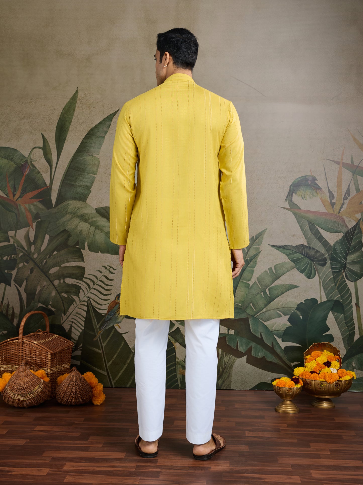 Men’s Yellow Mirror Work Kurta with Dupatta