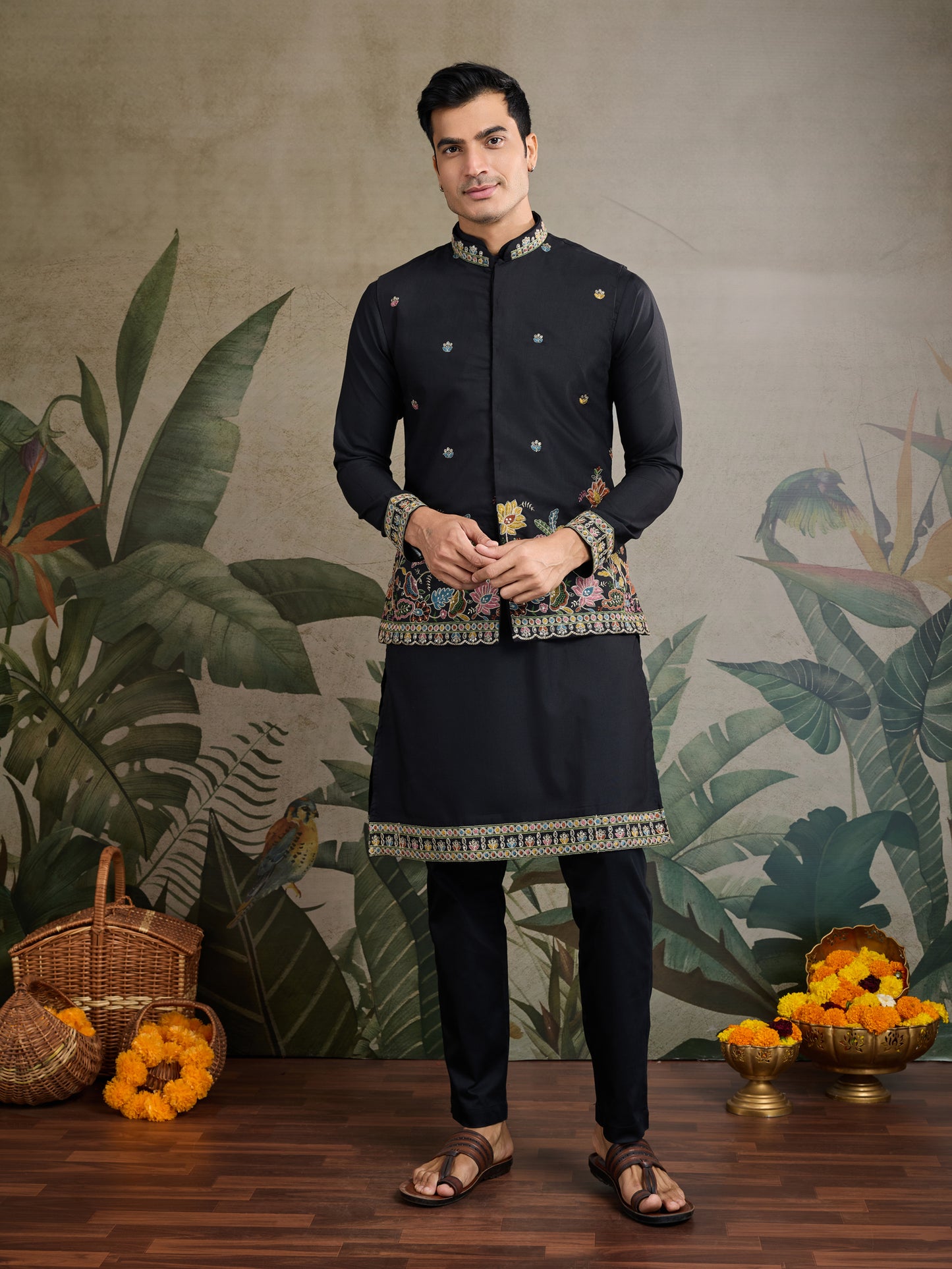 Black Embroidered Indo-Western Kurta Set
