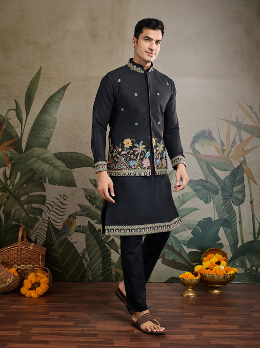 Black Embroidered Indo-Western Kurta Set