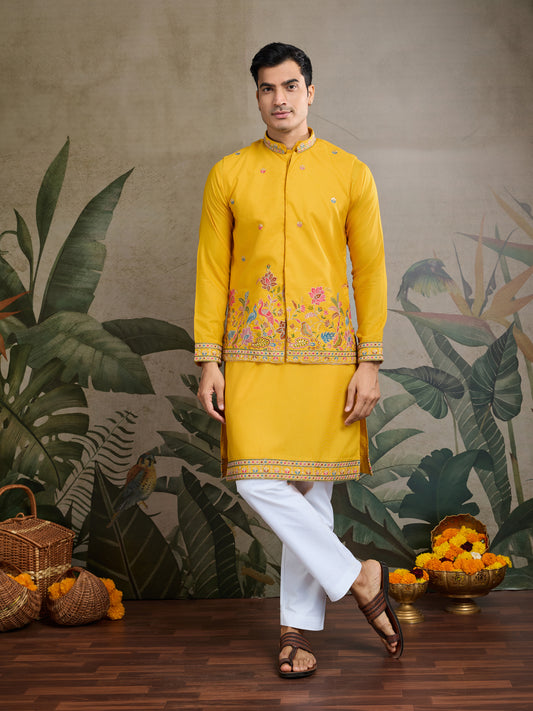 Mustard Yellow Embroidered Kurta – Festive & Wedding Wear