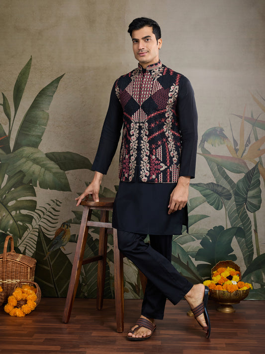 Black Kurta with Embroidered Jacket
