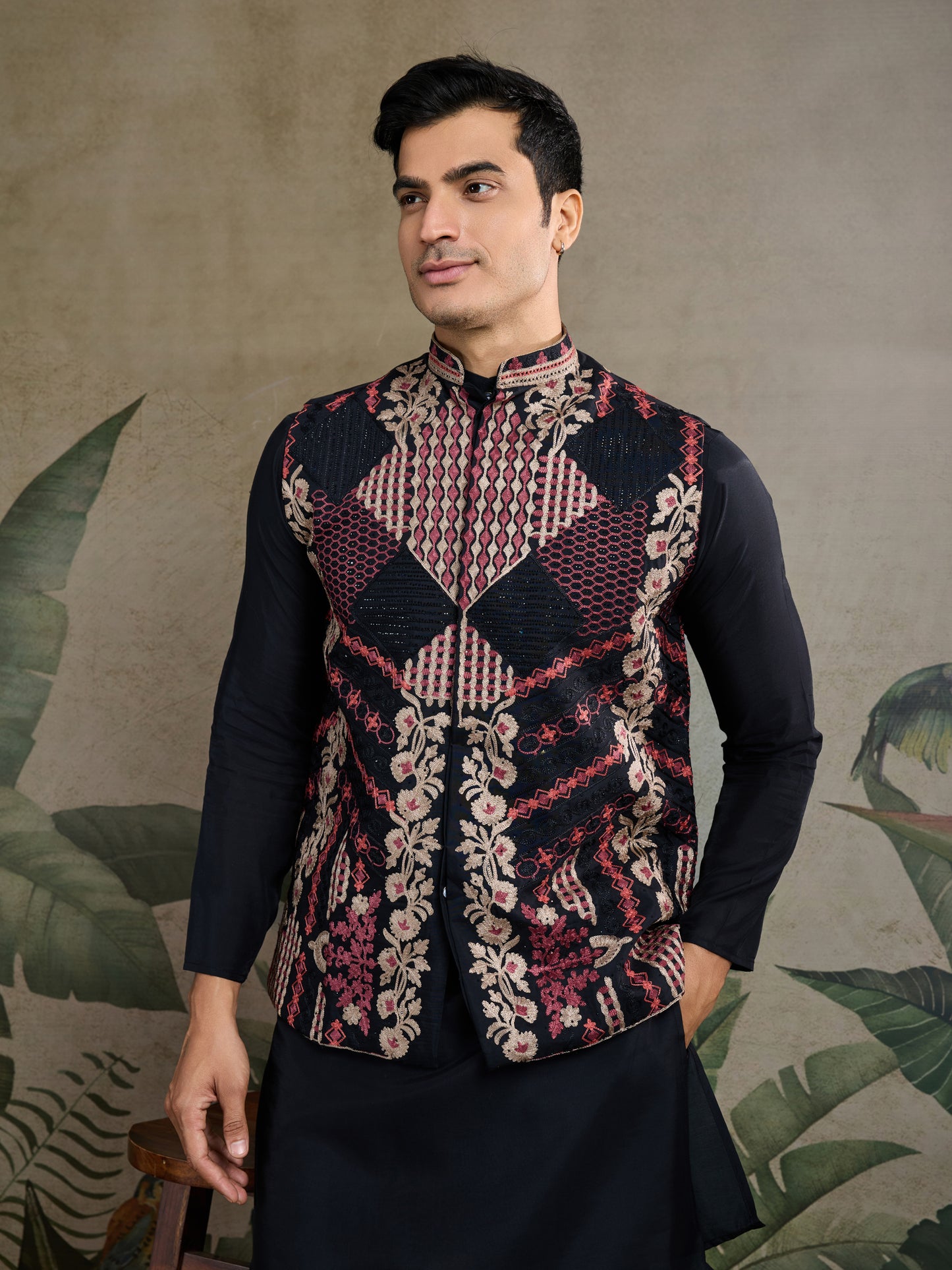 Black Kurta with Embroidered Jacket