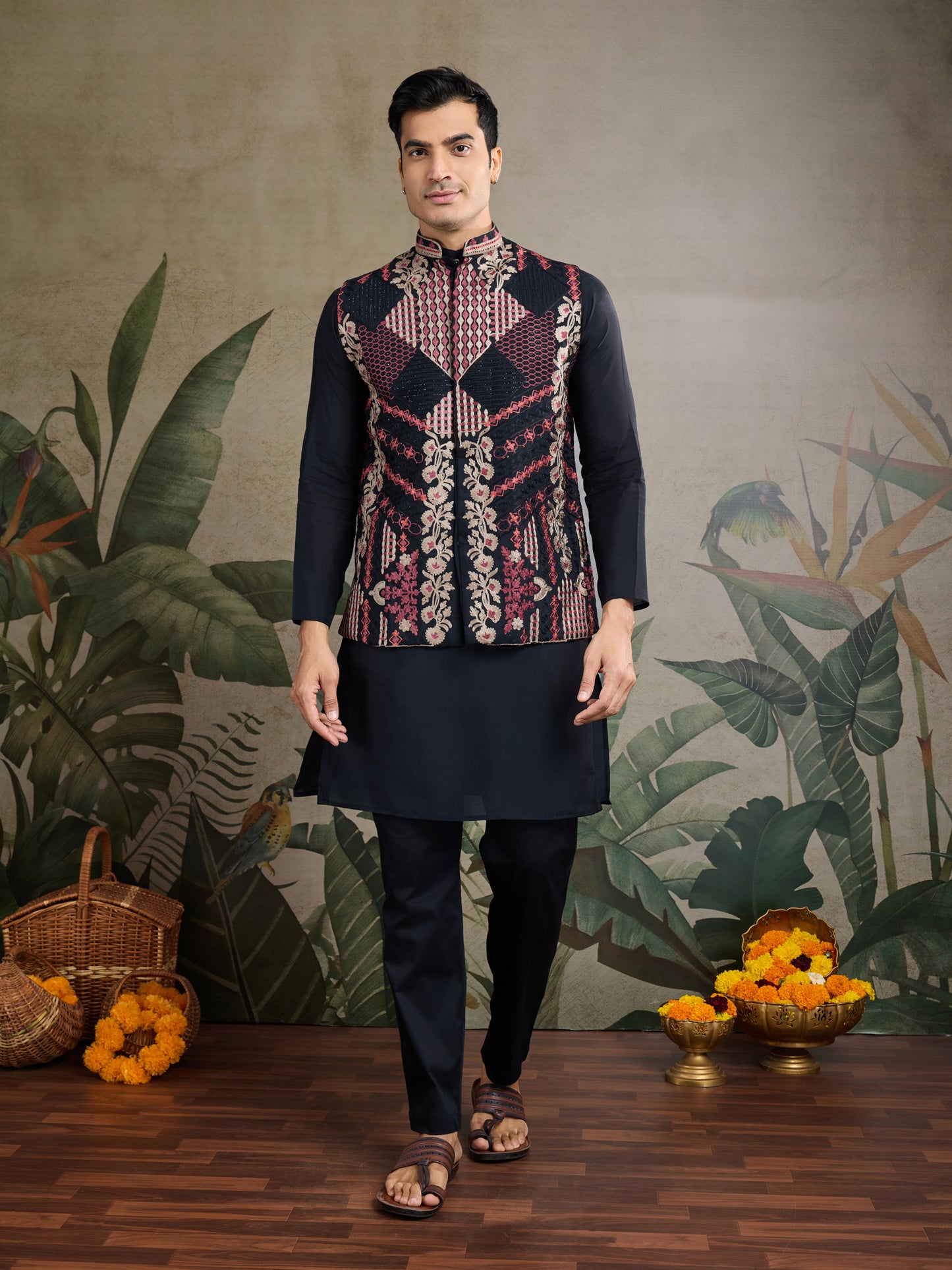 Black Kurta with Embroidered Jacket
