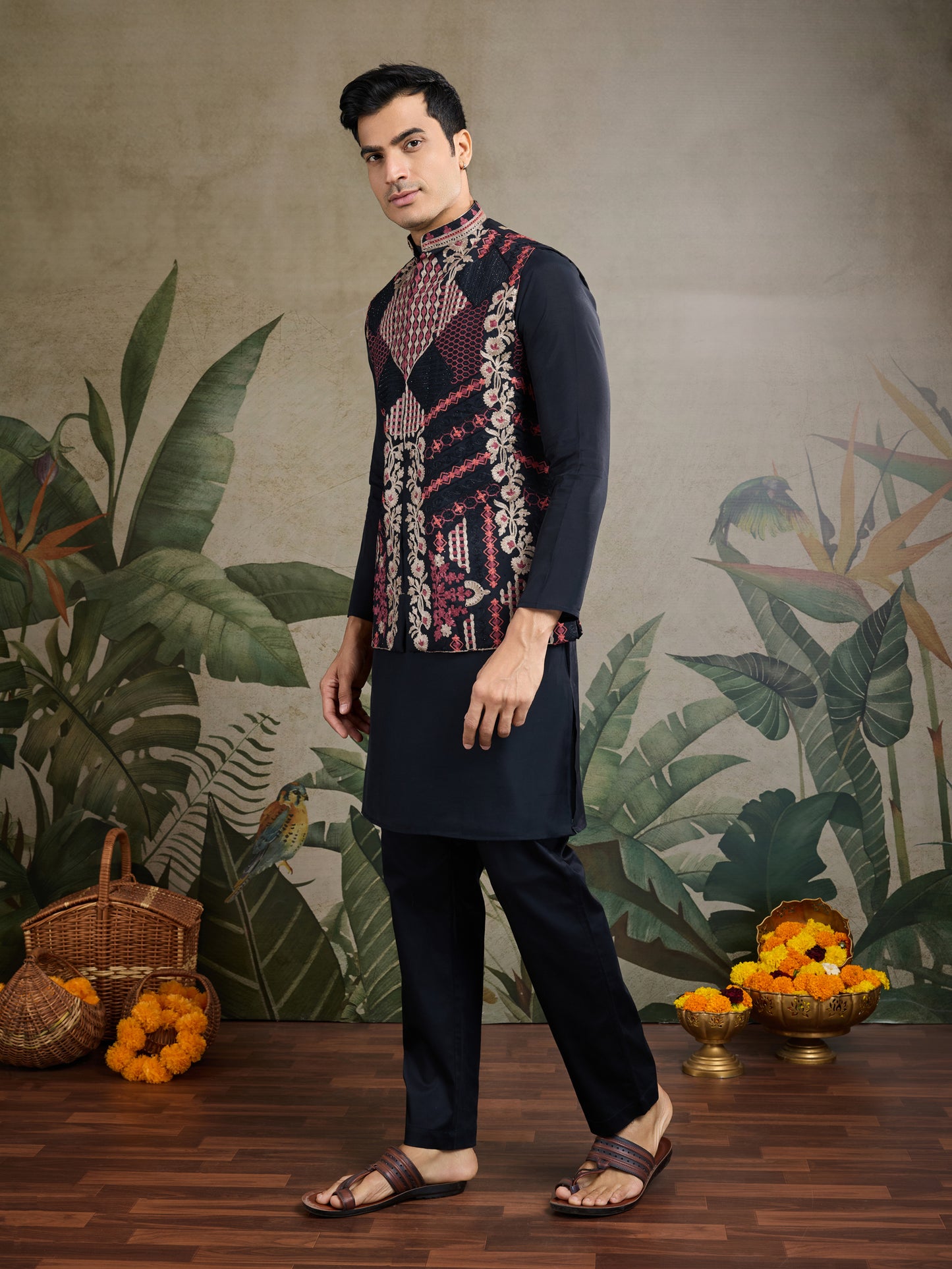 Black Kurta with Embroidered Jacket