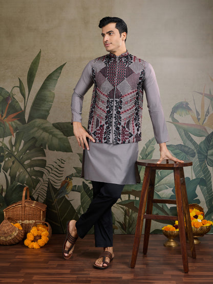Elegant Grey Embroidered Nehru Jacket with Kurta