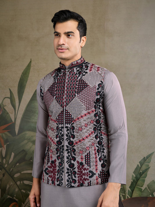 Elegant Grey Embroidered Nehru Jacket with Kurta