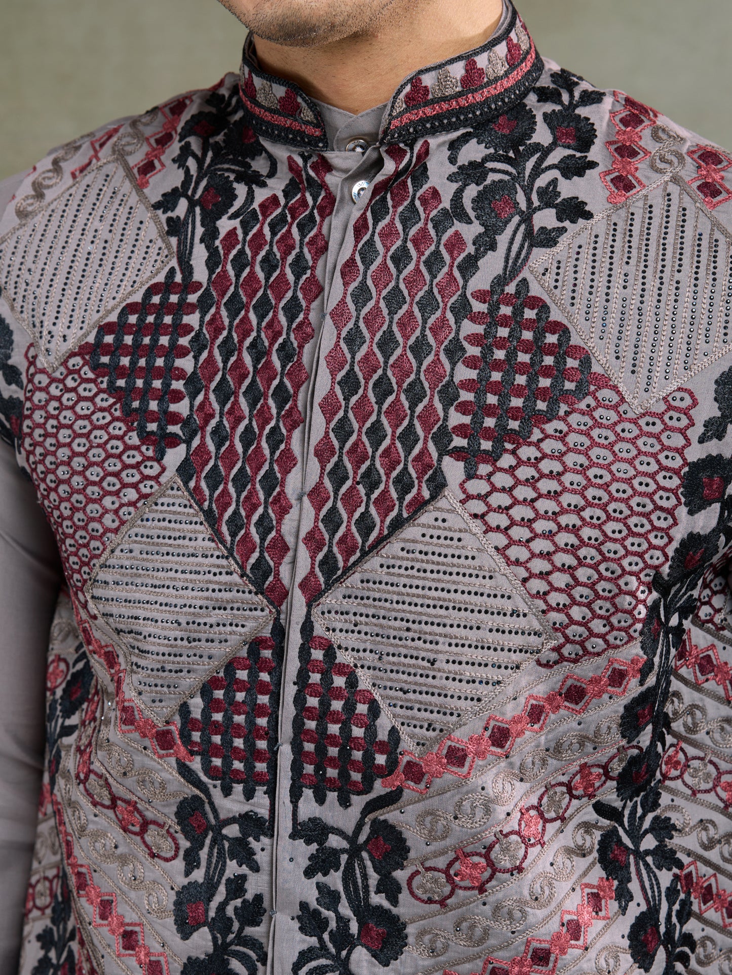 Elegant Grey Embroidered Nehru Jacket with Kurta