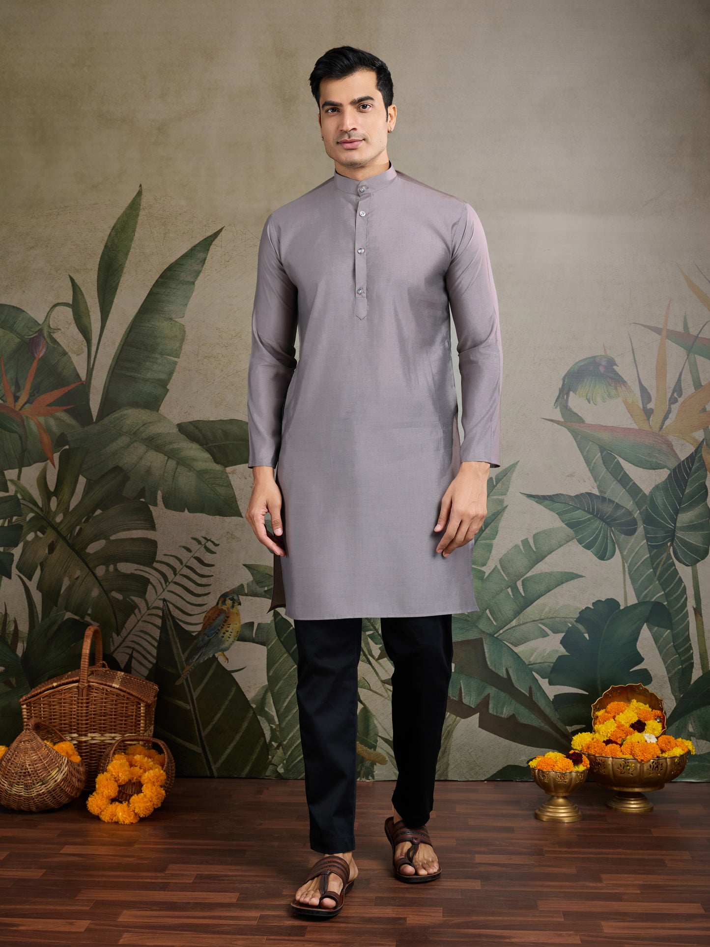 Elegant Grey Embroidered Nehru Jacket with Kurta