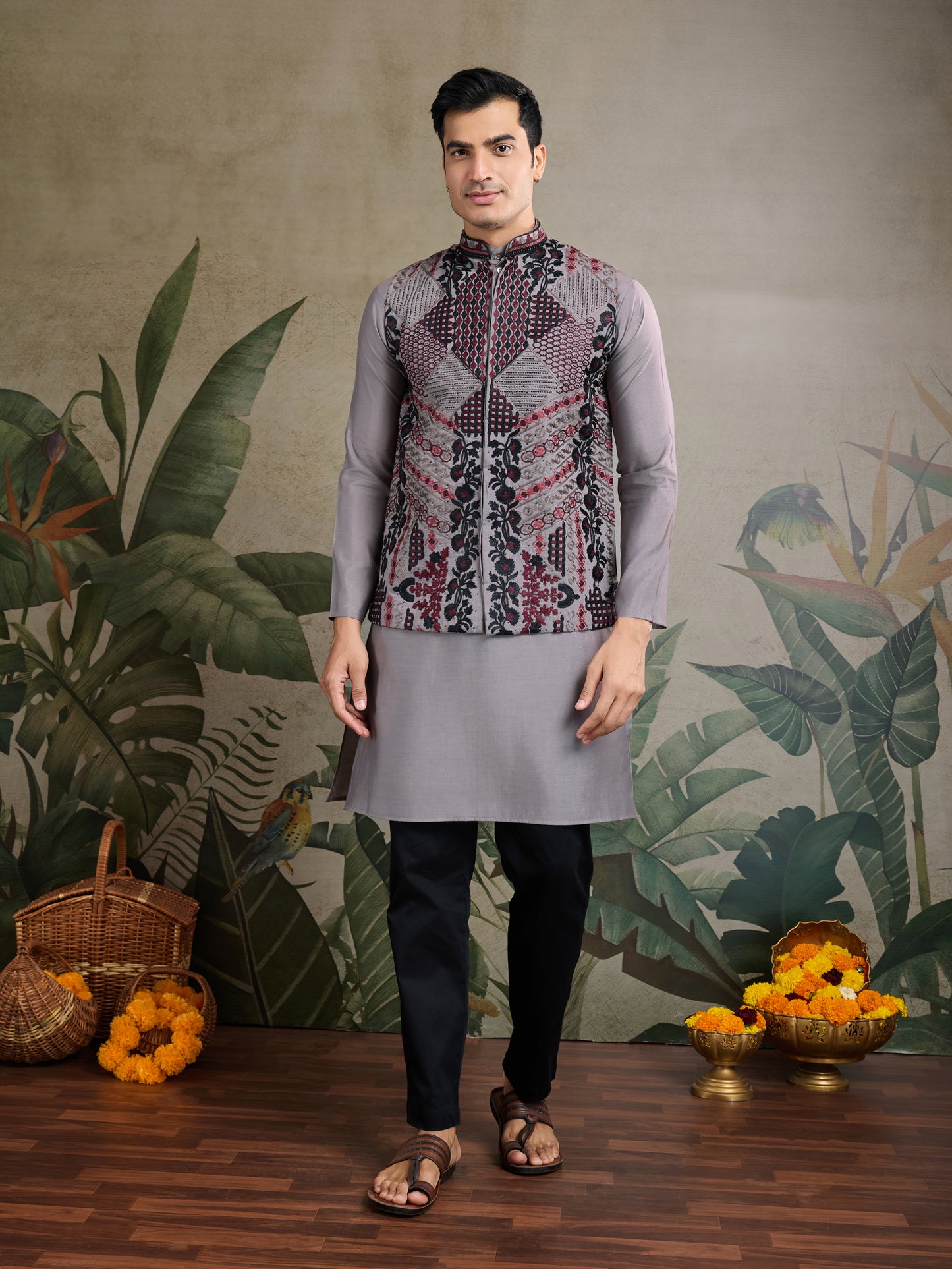 Elegant Grey Embroidered Nehru Jacket with Kurta