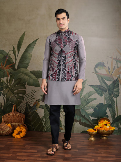 Elegant Grey Embroidered Nehru Jacket with Kurta